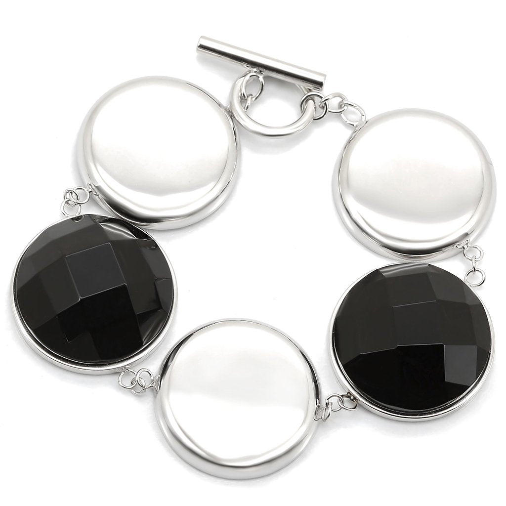 LOS333 - Rhodium 925 Sterling Silver Bracelet with Semi-Precious Agate in Jet