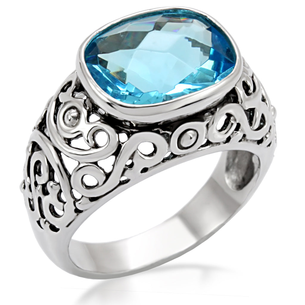 TK020 - High polished (no plating) Stainless Steel Ring with Synthetic Synthetic Glass in Sea Blue