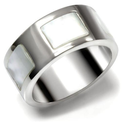 TK043 - High polished (no plating) Stainless Steel Ring with Precious Stone Conch in White