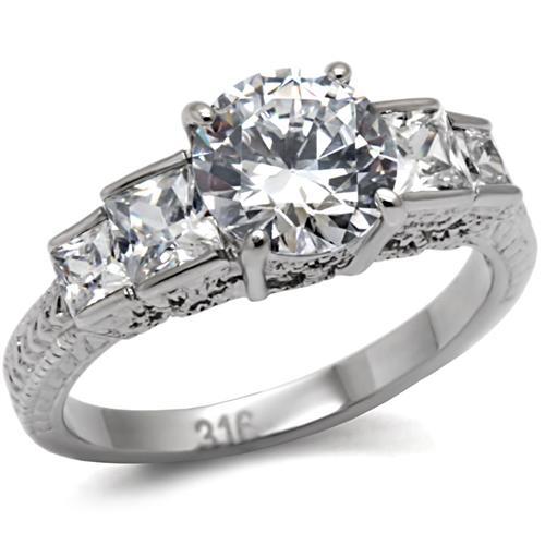 TK057 - High polished (no plating) Stainless Steel Ring with AAA Grade CZ  in Clear