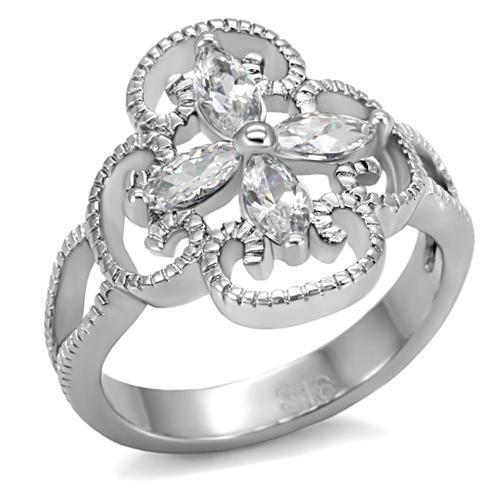 TK078 - High polished (no plating) Stainless Steel Ring with AAA Grade CZ  in Clear