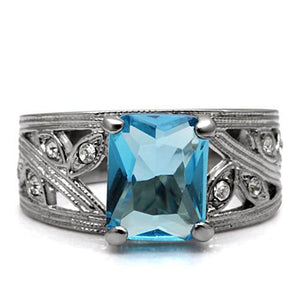 TK081 - High polished (no plating) Stainless Steel Ring with Synthetic Synthetic Glass in Sea Blue