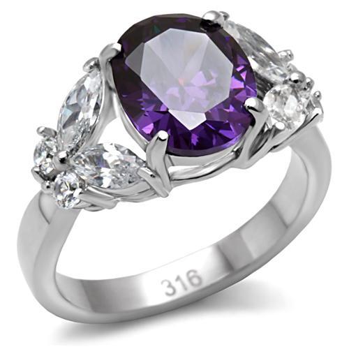 TK086 - High polished (no plating) Stainless Steel Ring with AAA Grade CZ  in Amethyst