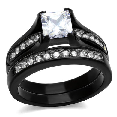 TK0W383J - Two-Tone IP Black Stainless Steel Ring with AAA Grade CZ  in Clear