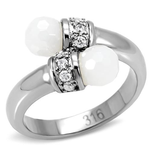 TK101 - High polished (no plating) Stainless Steel Ring with Milky CZ  in White