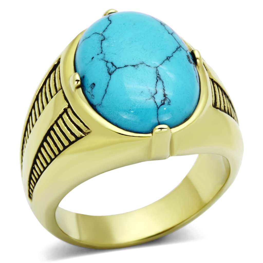 TK1077 - IP Gold(Ion Plating) Stainless Steel Ring with Synthetic Turquoise in Sea Blue