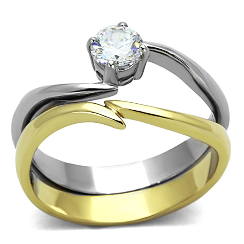 TK1092 - Two-Tone IP Gold (Ion Plating) Stainless Steel Ring with AAA Grade CZ  in Clear