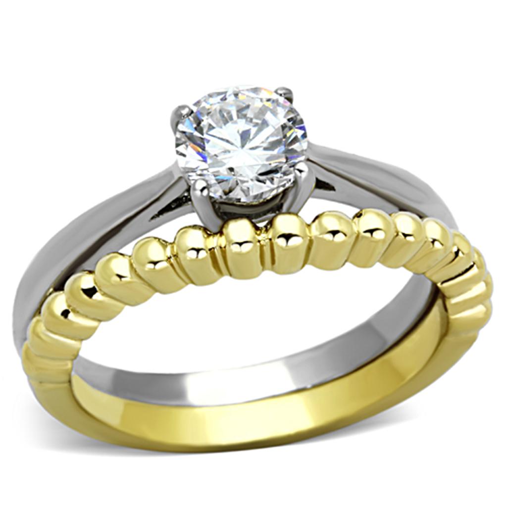 TK1093 - Two-Tone IP Gold (Ion Plating) Stainless Steel Ring with AAA Grade CZ  in Clear