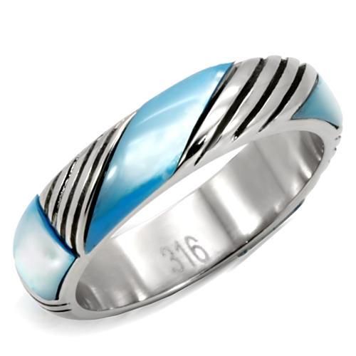 TK110 - High polished (no plating) Stainless Steel Ring with Precious Stone Conch in Sea Blue