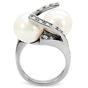 TK113 - High polished (no plating) Stainless Steel Ring with Synthetic Pearl in White