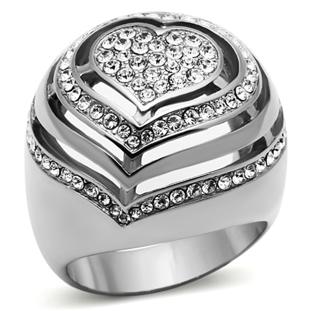 TK1141 - High polished (no plating) Stainless Steel Ring with Top Grade Crystal  in Clear