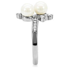 TK116 - High polished (no plating) Stainless Steel Ring with Synthetic Pearl in White