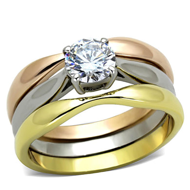 TK1278 - Three Tone (IP Gold & IP Rose Gold & High Polished) Stainless Steel Ring with AAA Grade CZ  in Clear