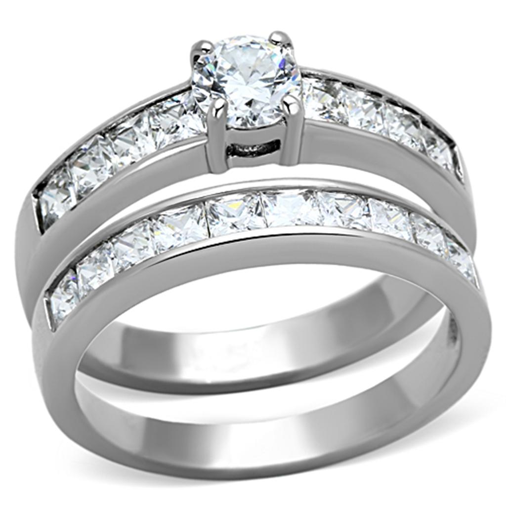 TK1321 - High polished (no plating) Stainless Steel Ring with AAA Grade CZ  in Clear