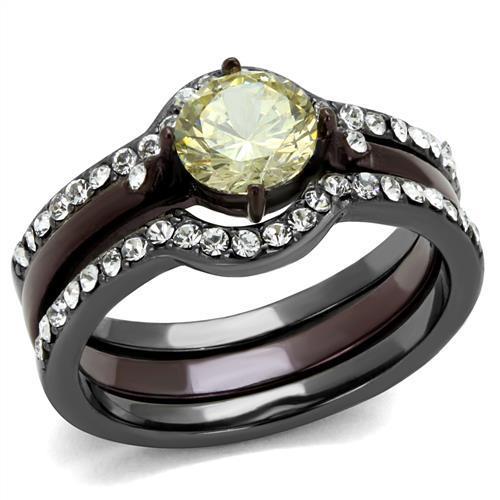 TK1346DC - IP Light Black (IP Gun) & IP Dark Brown (IP coffee) Stainless Steel Ring with AAA Grade CZ  in Citrine Yellow