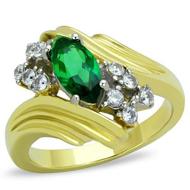 TK1566 - Two-Tone IP Gold (Ion Plating) Stainless Steel Ring with Synthetic Synthetic Glass in Emerald