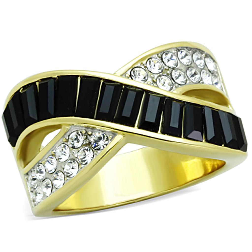 TK1577 - Two-Tone IP Gold (Ion Plating) Stainless Steel Ring with Top Grade Crystal  in Jet