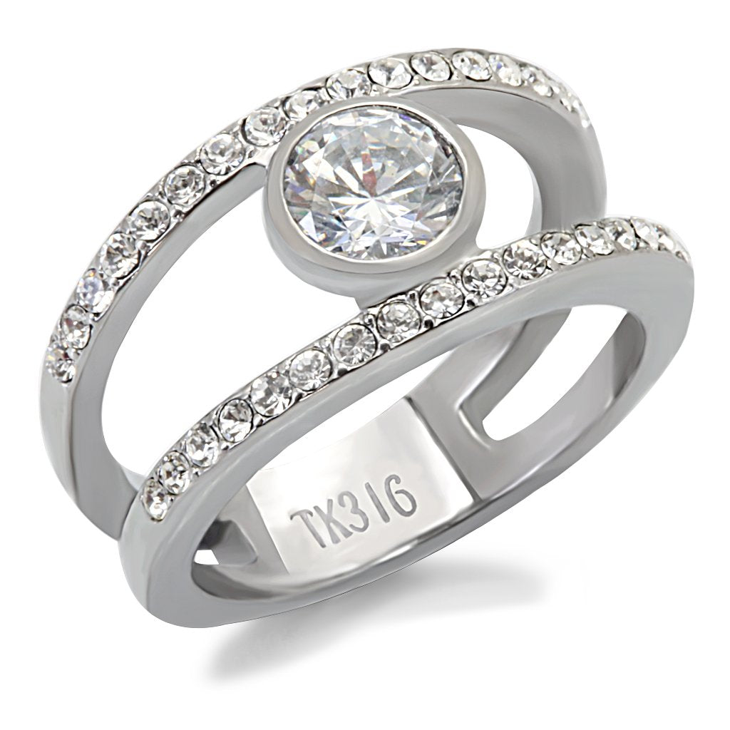 TK171 - High polished (no plating) Stainless Steel Ring with AAA Grade CZ  in Clear