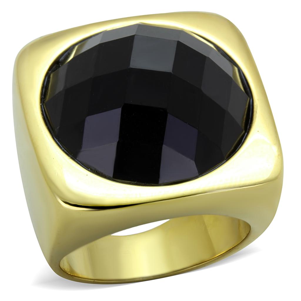 TK1925 - IP Gold(Ion Plating) Stainless Steel Ring with Synthetic Synthetic Stone in Jet