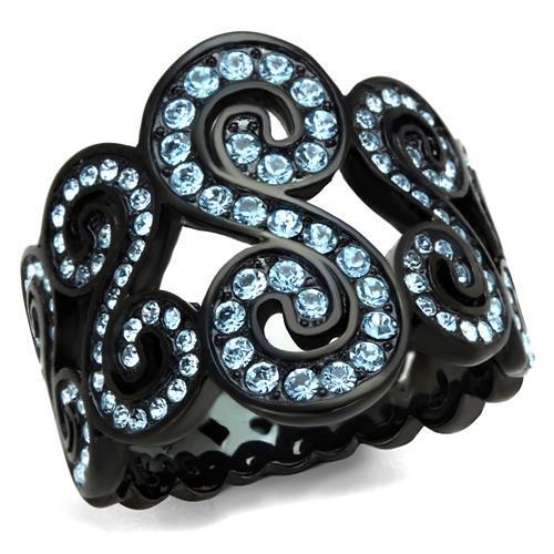 TK2018 - IP Black(Ion Plating) Stainless Steel Ring with Top Grade Crystal  in Sea Blue