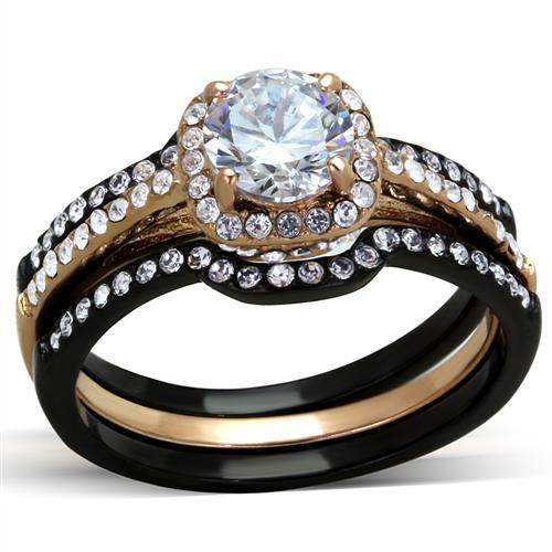 TK2020 - IP Rose Gold+ IP Black (Ion Plating) Stainless Steel Ring with AAA Grade CZ  in Clear