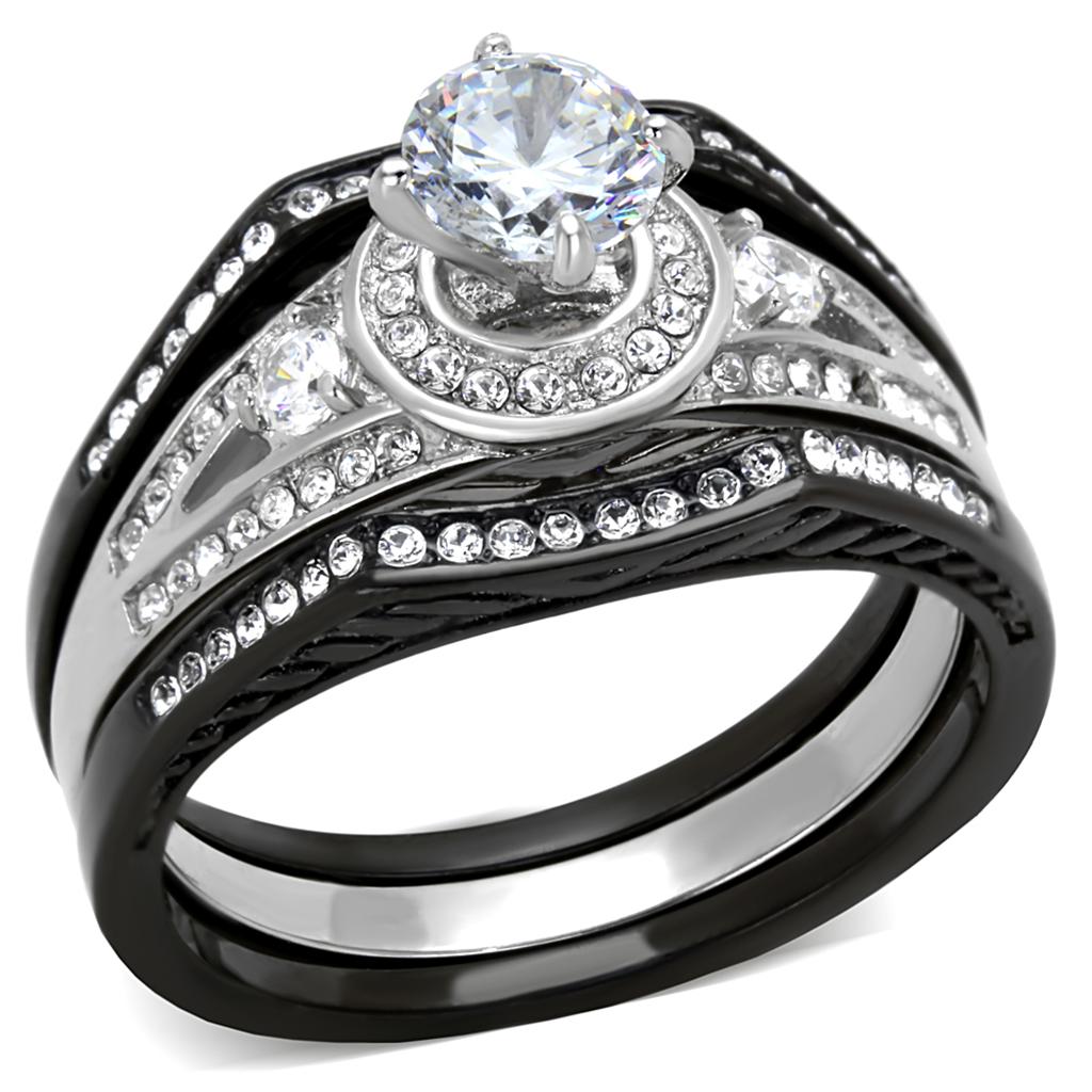 TK2044 - Two-Tone IP Black Stainless Steel Ring with AAA Grade CZ  in Clear