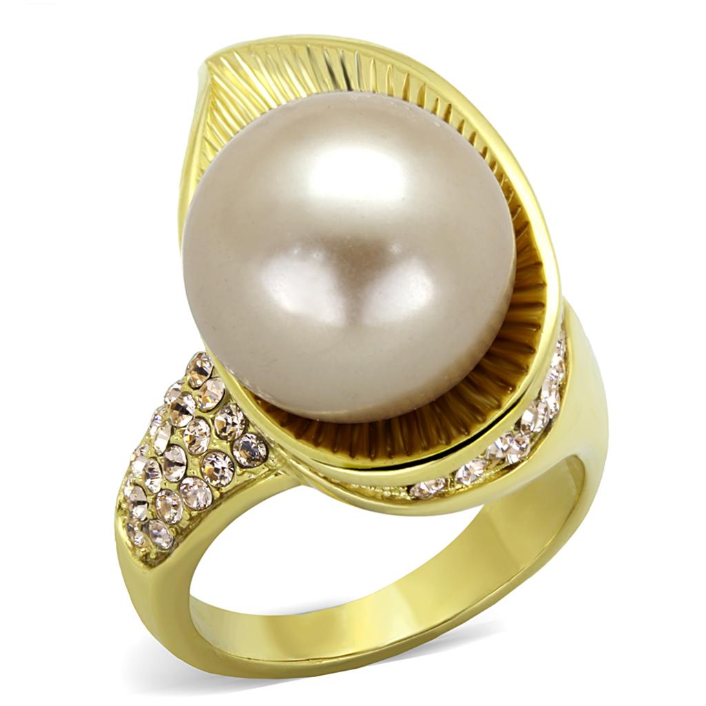 TK2131 - IP Gold(Ion Plating) Stainless Steel Ring with Synthetic Pearl in Champagne