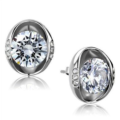 TK2149 - High polished (no plating) Stainless Steel Earrings with AAA Grade CZ  in Clear