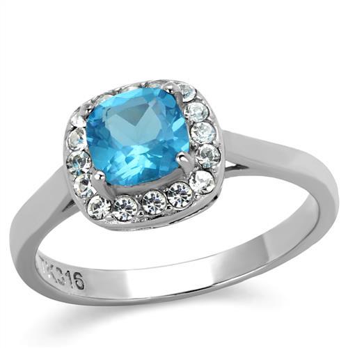 TK2161 - High polished (no plating) Stainless Steel Ring with Synthetic Synthetic Glass in Sea Blue