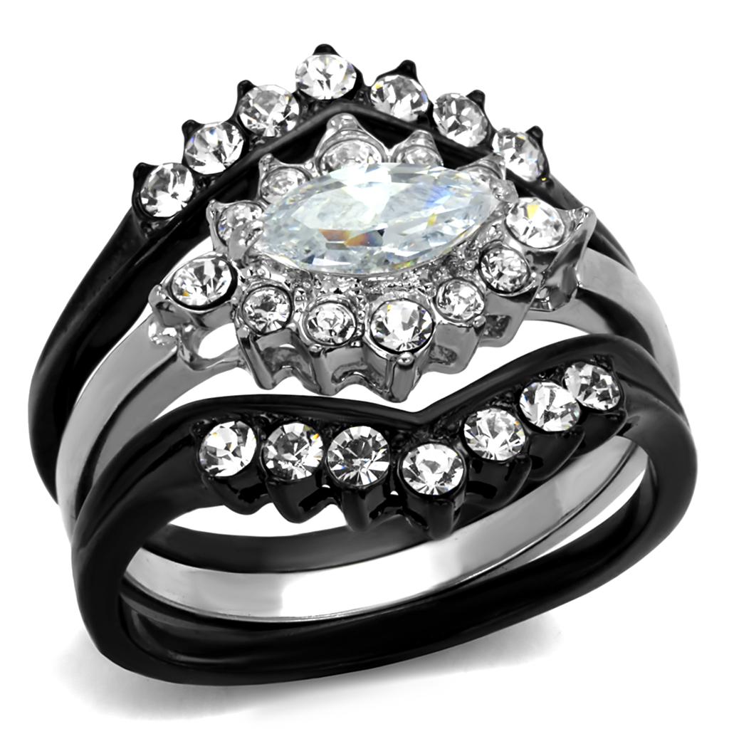 TK2188 - Two-Tone IP Black Stainless Steel Ring with AAA Grade CZ  in Clear