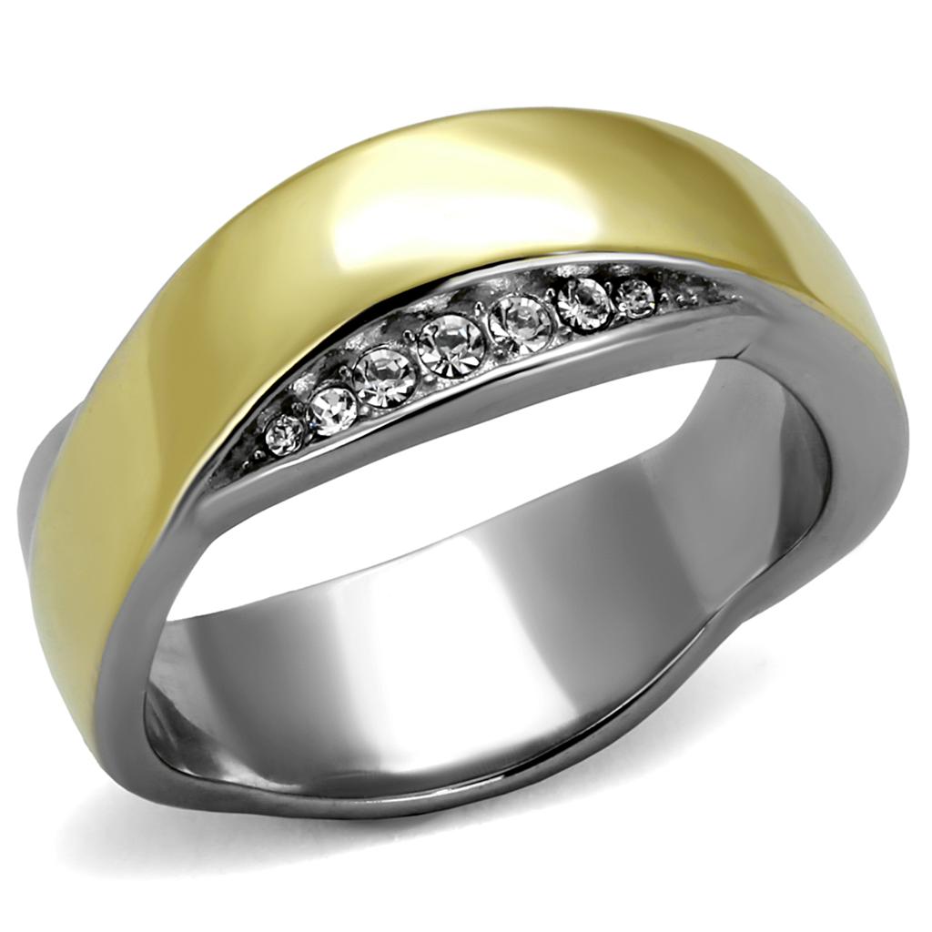 TK2264 - Two-Tone IP Gold (Ion Plating) Stainless Steel Ring with Top Grade Crystal  in Clear