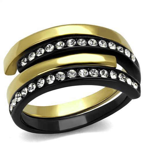 TK2298 - IP Gold+ IP Black (Ion Plating) Stainless Steel Ring with Top Grade Crystal  in Clear