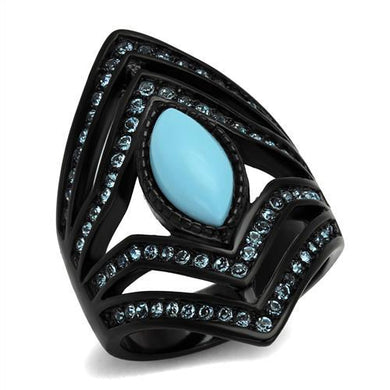 TK2482 - IP Black(Ion Plating) Stainless Steel Ring with Synthetic Turquoise in Sea Blue