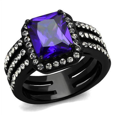 TK2486 - IP Black(Ion Plating) Stainless Steel Ring with AAA Grade CZ  in Tanzanite