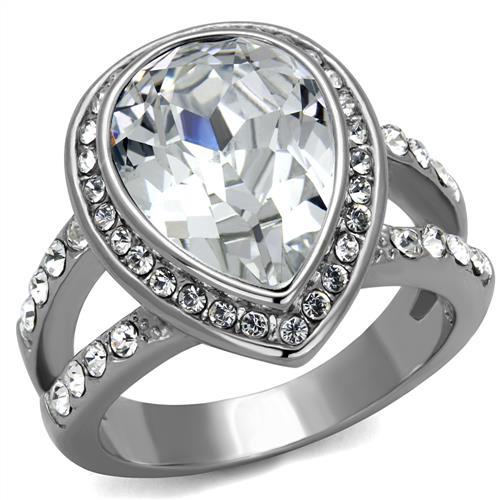 TK2504 - High polished (no plating) Stainless Steel Ring with Top Grade Crystal  in Clear