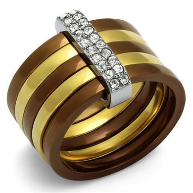 TK2601 - Three Tone (IP Gold & IP Light coffee & High Polished) Stainless Steel Ring with Top Grade Crystal  in Clear