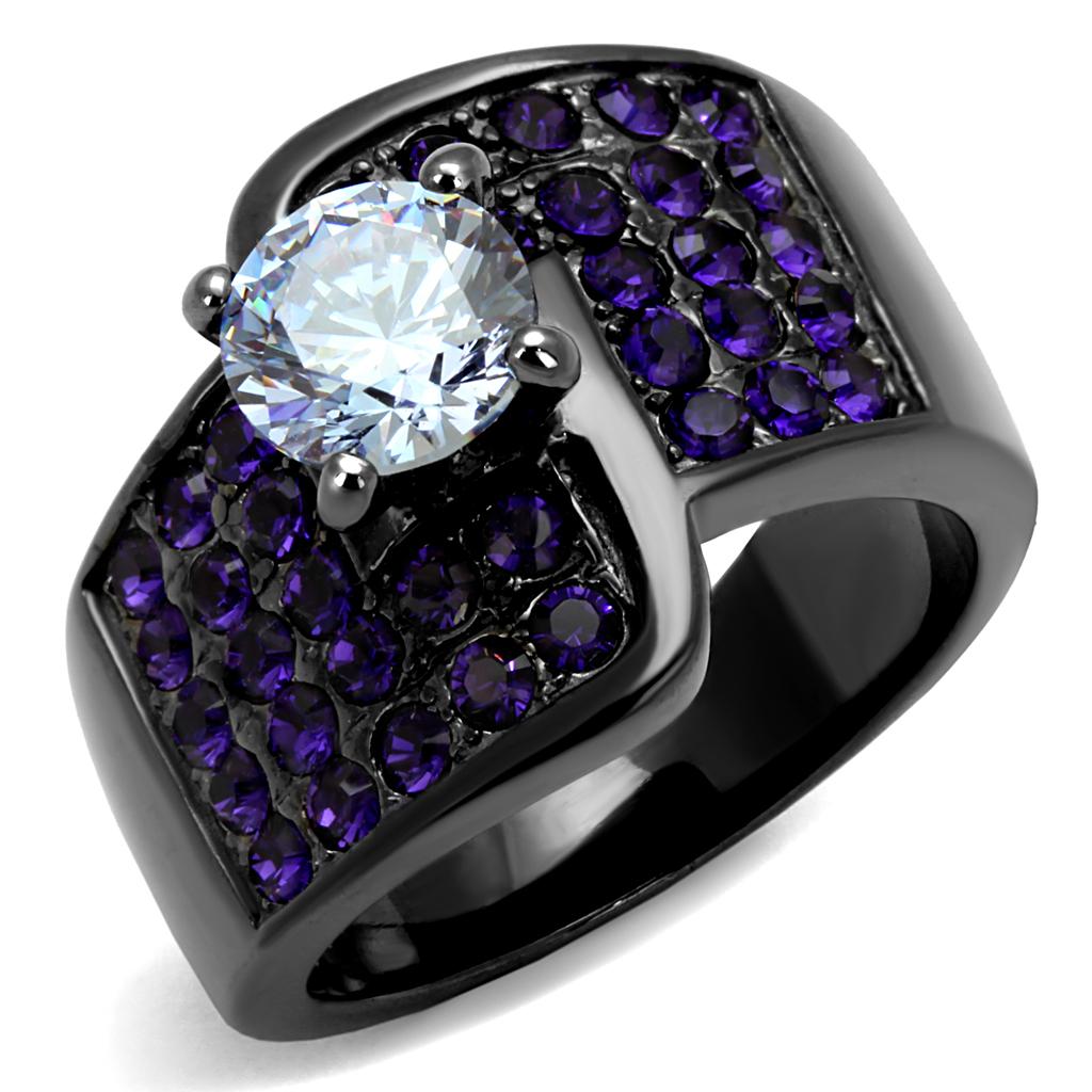 TK2644 - IP Light Black  (IP Gun) Stainless Steel Ring with AAA Grade CZ  in Light Amethyst