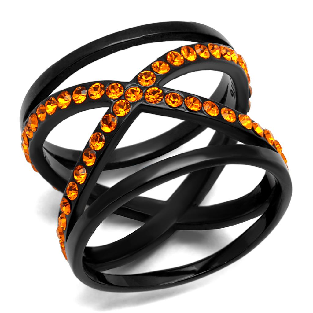 TK2645 - IP Black(Ion Plating) Stainless Steel Ring with Top Grade Crystal  in Orange