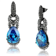 Load image into Gallery viewer, TK2708 - IP Light Black  (IP Gun) Stainless Steel Earrings with AAA Grade CZ  in Sea Blue