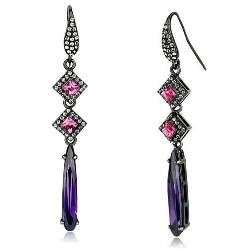 TK2712 - IP Light Black  (IP Gun) Stainless Steel Earrings with AAA Grade CZ  in Amethyst