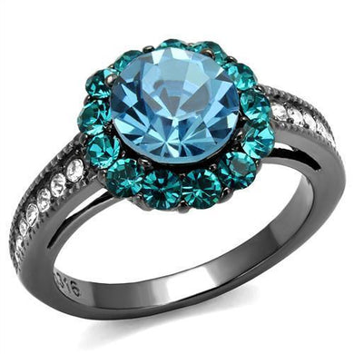 TK2716 - IP Light Black  (IP Gun) Stainless Steel Ring with Top Grade Crystal  in Sea Blue