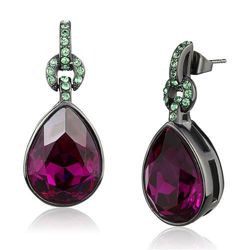 TK2726 - IP Light Black  (IP Gun) Stainless Steel Earrings with Top Grade Crystal  in Fuchsia