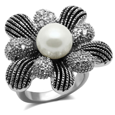 TK2877 - High polished (no plating) Stainless Steel Ring with Synthetic Pearl in White