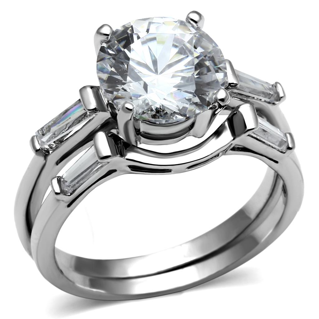 TK2878 - High polished (no plating) Stainless Steel Ring with AAA Grade CZ  in Clear