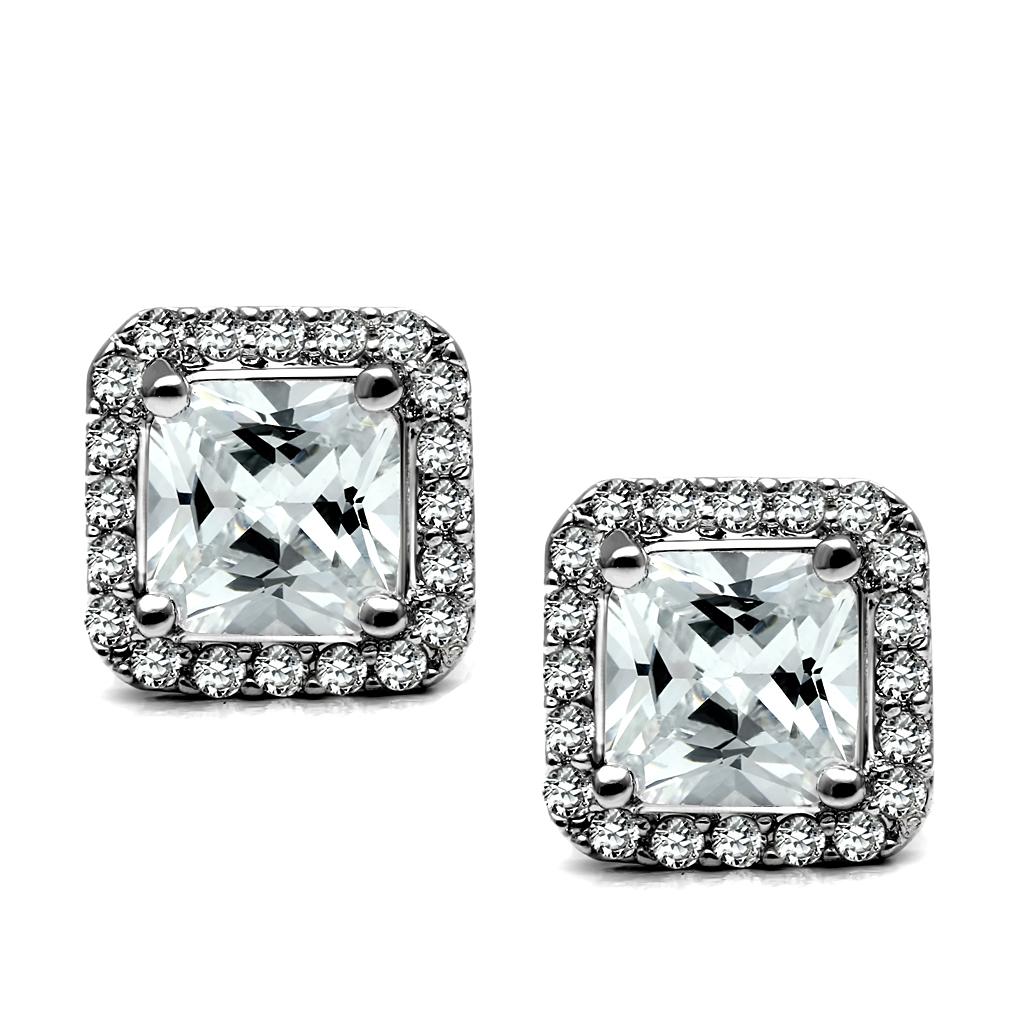 TK2881 - High polished (no plating) Stainless Steel Earrings with AAA Grade CZ  in Clear