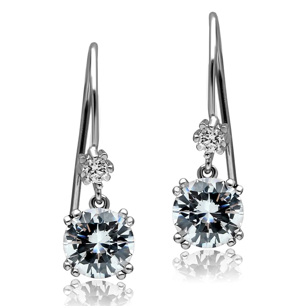 TK2883 - High polished (no plating) Stainless Steel Earrings with AAA Grade CZ  in Clear