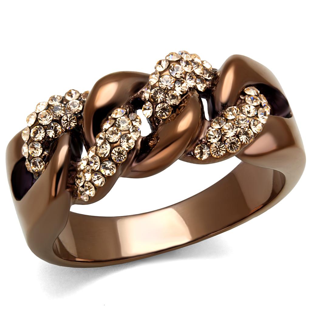 TK2982 - IP Coffee light Stainless Steel Ring with Top Grade Crystal  in Light Peach