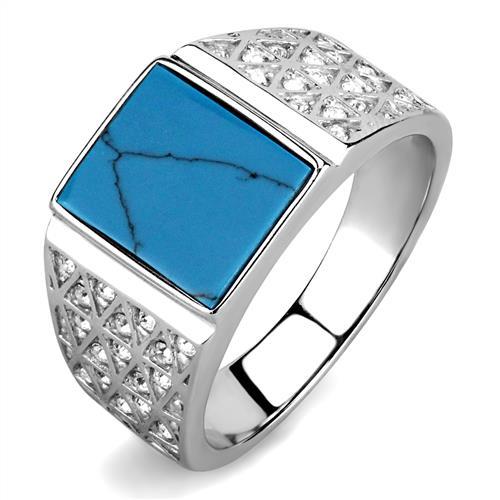 TK3004 - High polished (no plating) Stainless Steel Ring with Synthetic Turquoise in Sea Blue