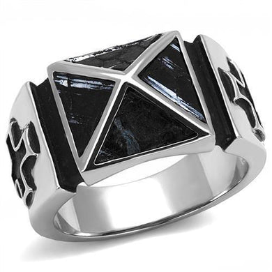 TK3075 - High polished (no plating) Stainless Steel Ring with Leather  in Jet