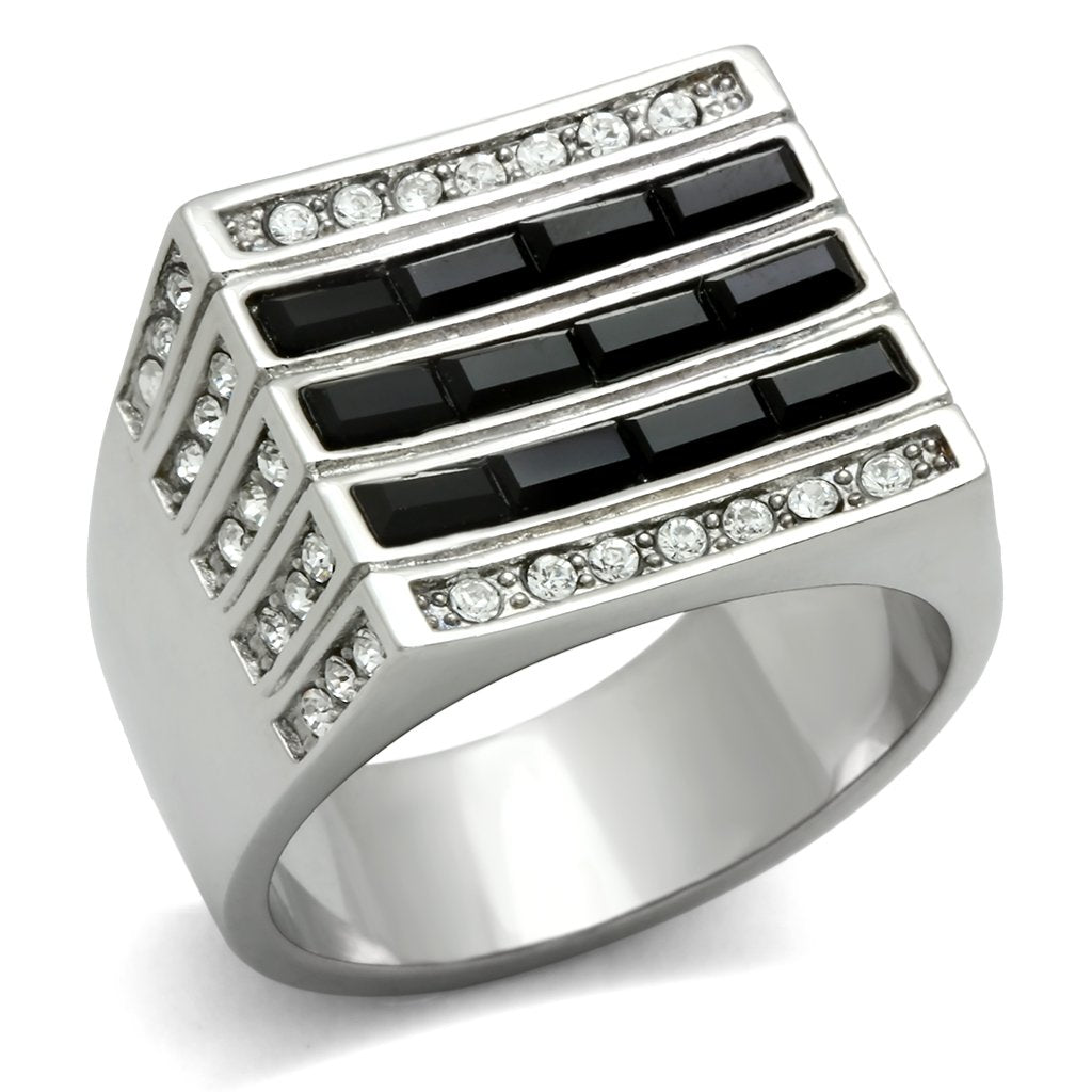 TK321 - High polished (no plating) Stainless Steel Ring with Top Grade Crystal  in Jet